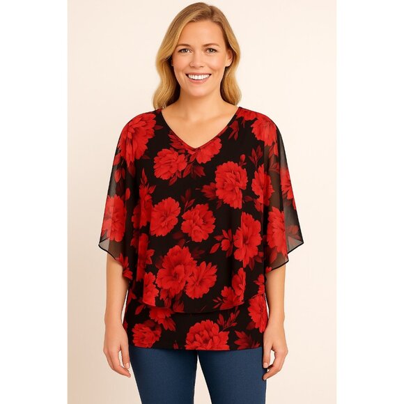 Adele & May Women’s XL Red Floral Chiffon Overlay Blouse - Picture 4 of 4